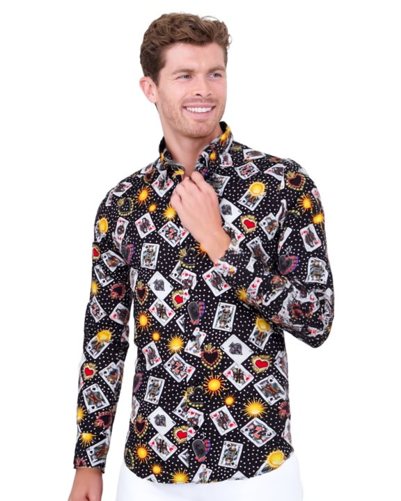 Black Playing Card Print Shirt with Matching Handkerchief-Makrom