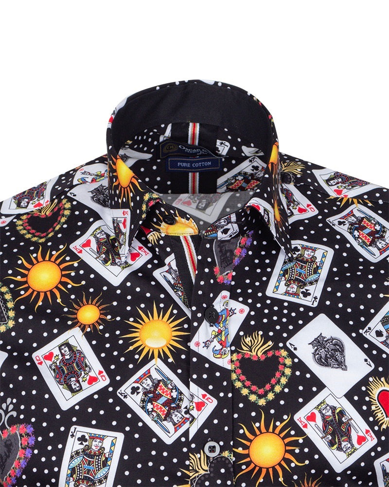 Black Playing Card Print Shirt with Matching Handkerchief-Makrom
