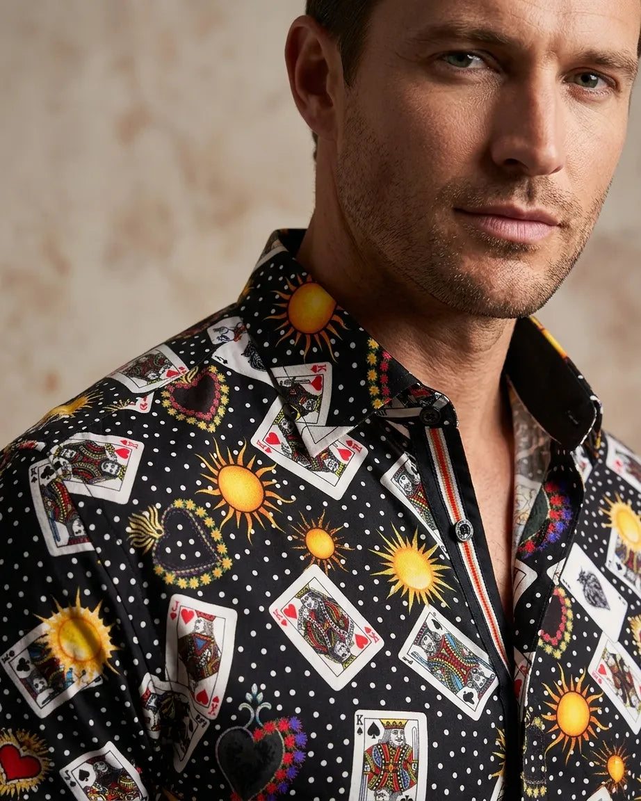 Black Playing Card Print Shirt with Matching Handkerchief