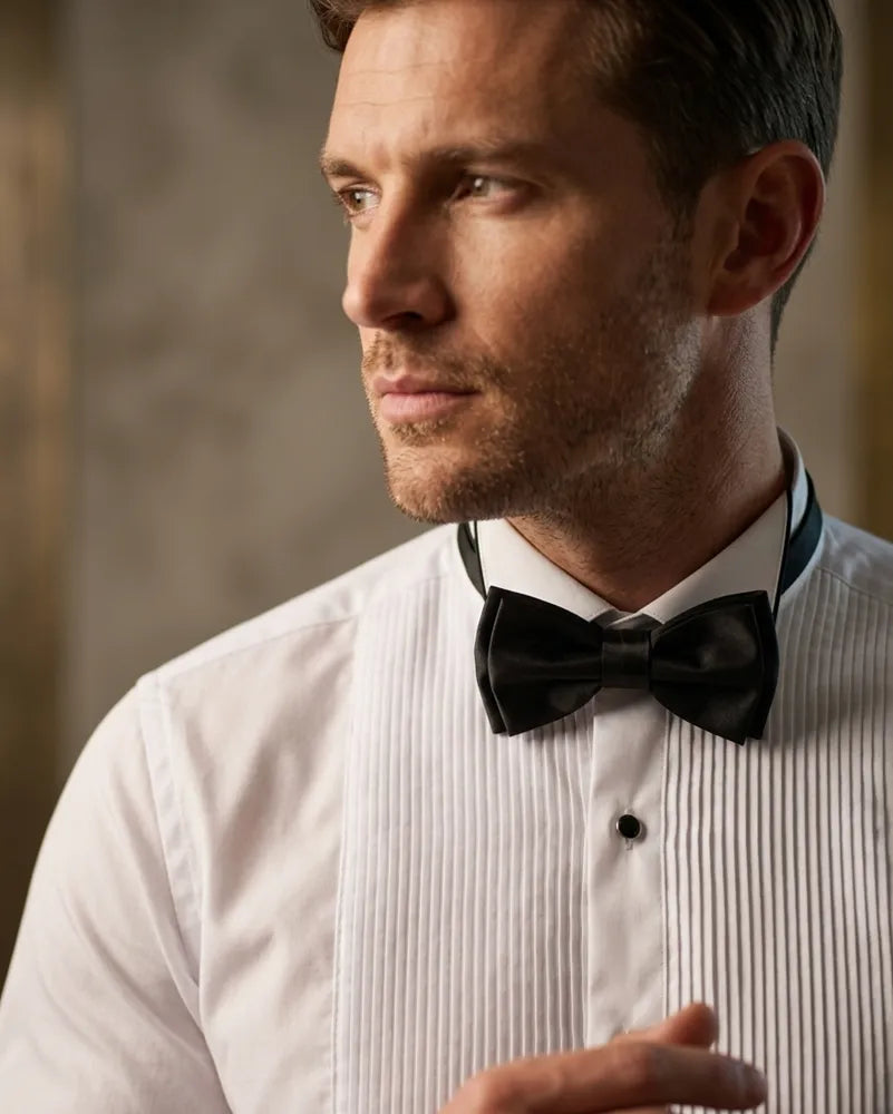 Black Pleated Dress Shirt with Bow Tie