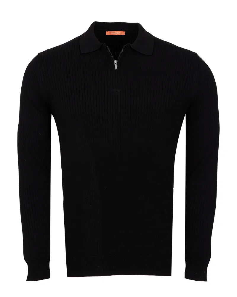 Black Pure Cotton Ribbed Quarter-Zip Polo-Makrom