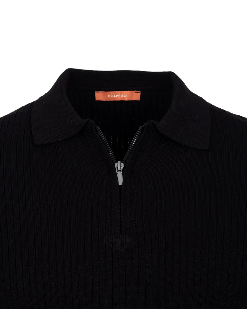 Black Pure Cotton Ribbed Quarter-Zip Polo-Makrom