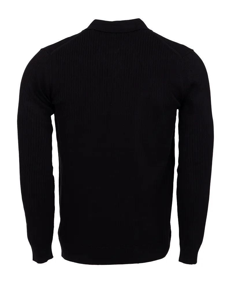 Black Pure Cotton Ribbed Quarter-Zip Polo-Makrom