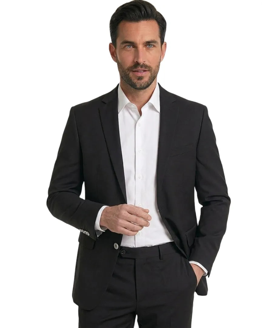 Black Pure Wool Classic Plain 3 Piece Men's Suit-Makrom