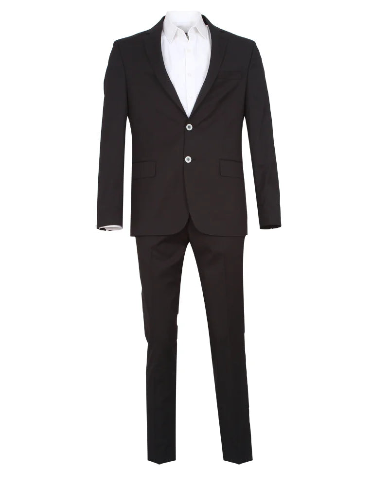 Black Pure Wool Classic Plain 3 Piece Men's Suit-Makrom