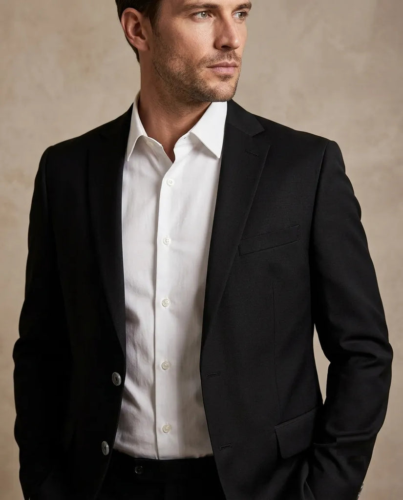 Man wearing a black suit jacket over a white shirt against a beige background