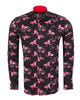 Black shirt with pink octopus pattern on a white background