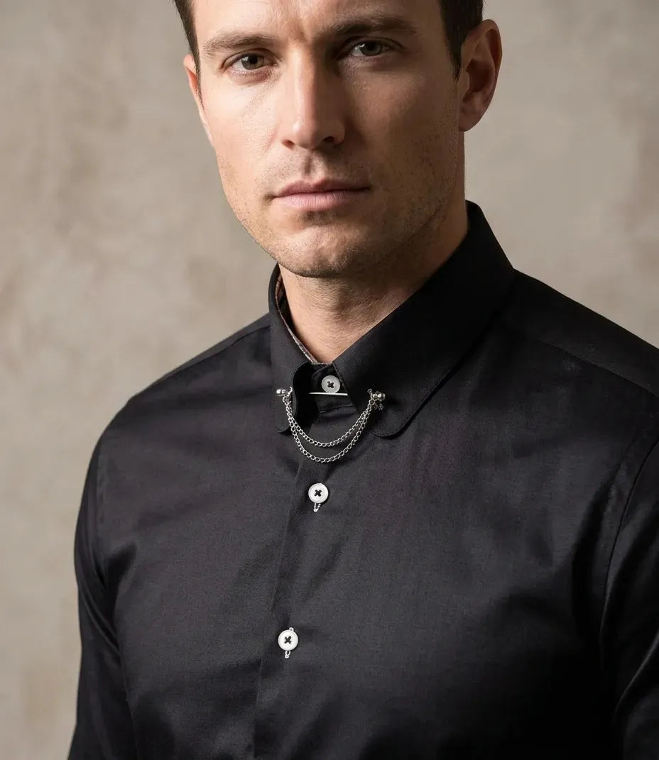 Black Round Collar Pin Shirt