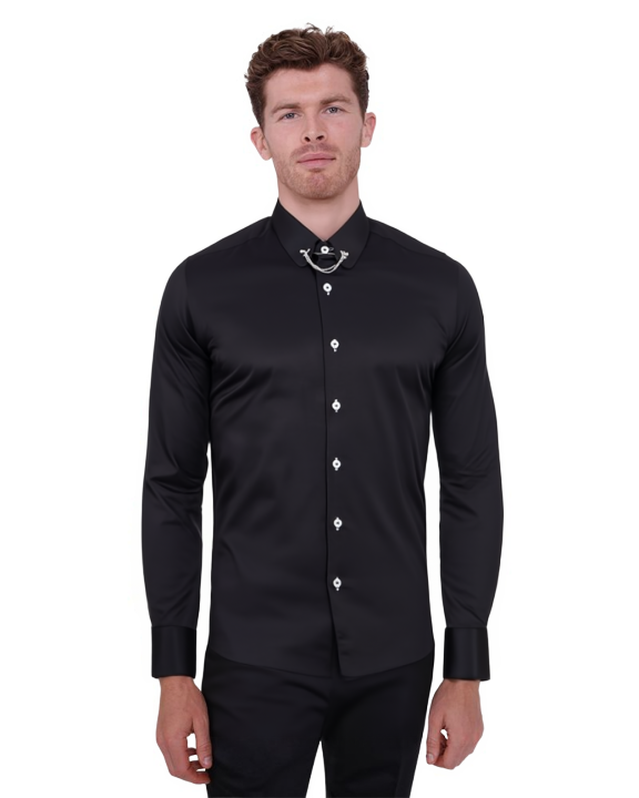 Black Round Collar Pin Shirt-Makrom