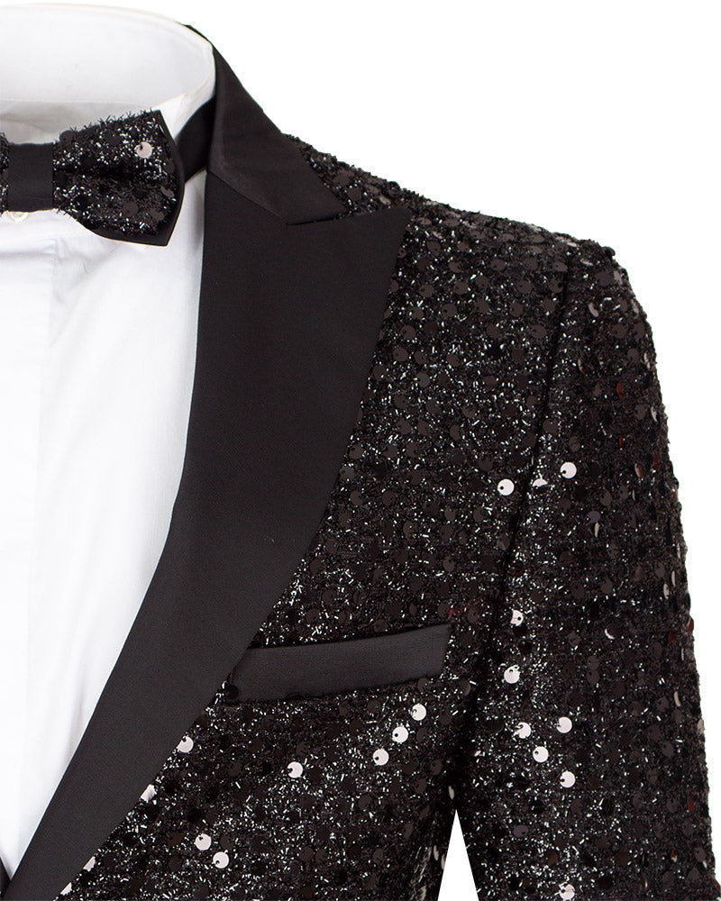 Black Sequin Design Blazer with Matching Bow Tie-Makrom