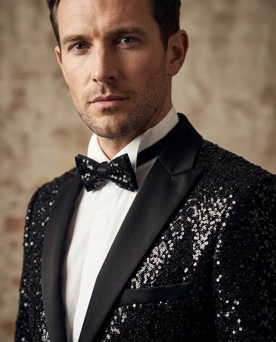 Black Sequin Design Blazer with Matching Bow Tie
