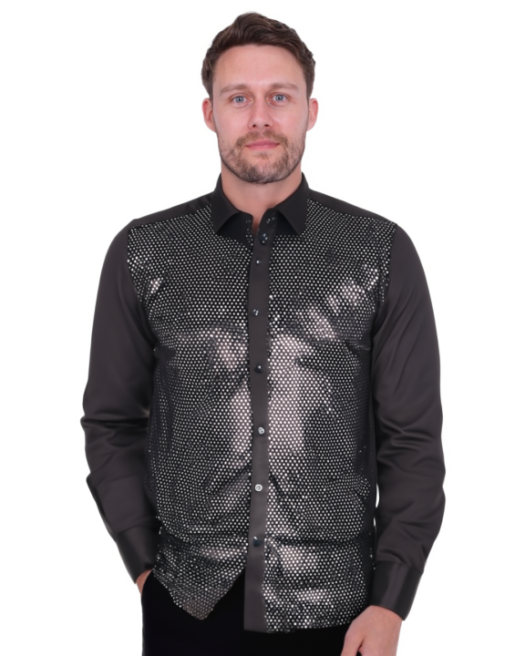 Black Sequin Fashion Shirt with Plain Collar Tip Design-Makrom