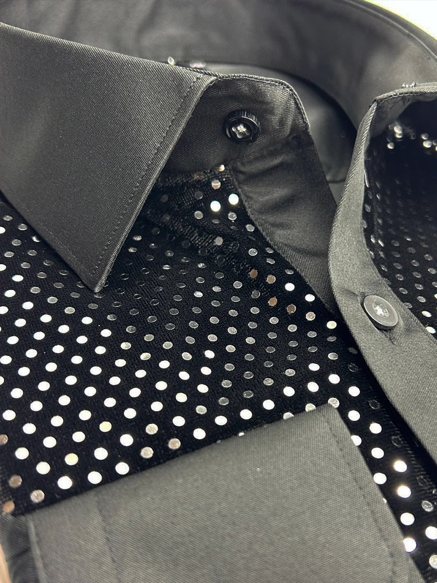 Black Sequin Fashion Shirt with Plain Collar Tip Design-Makrom