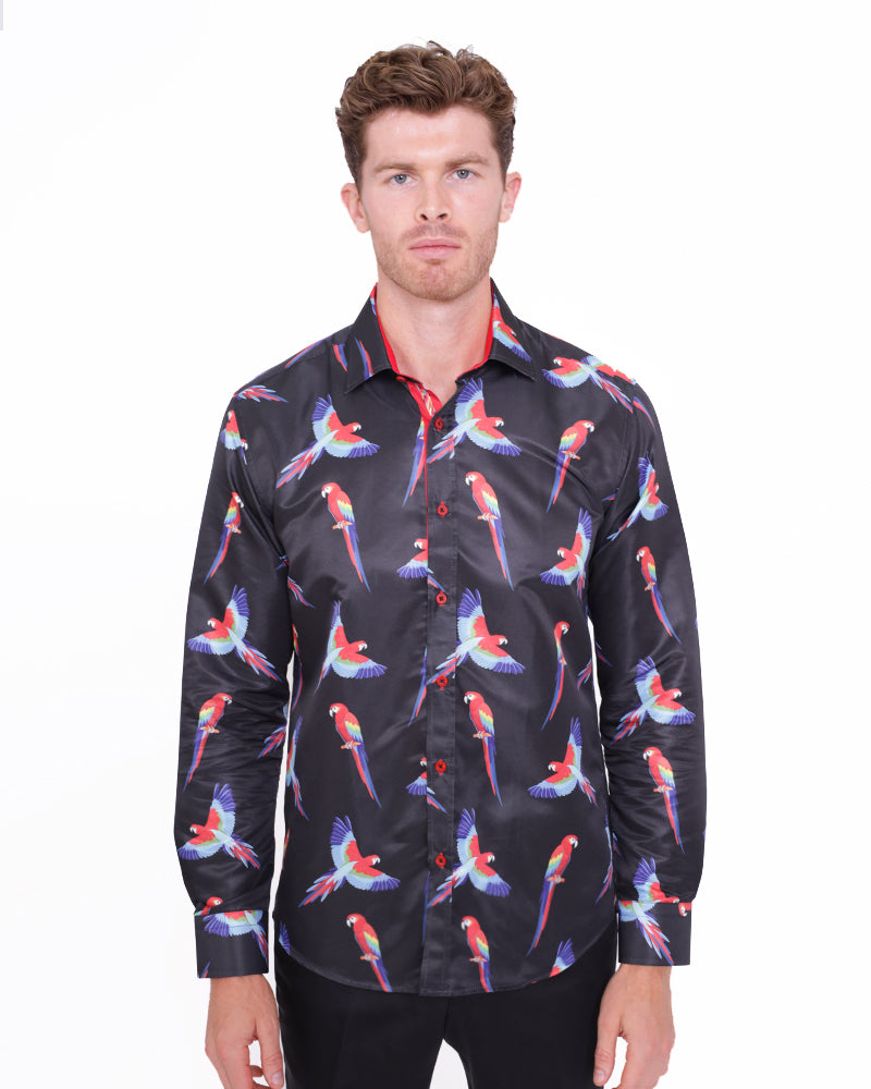 Black Shirt Flying Parrot Print