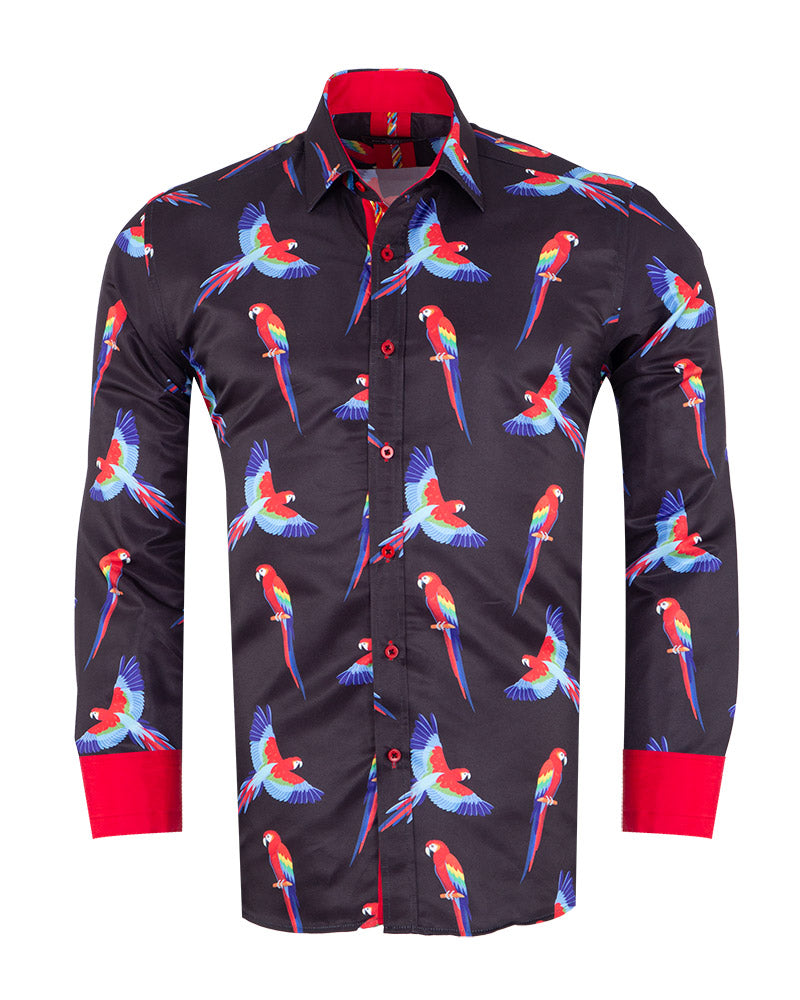 Black Shirt Flying Parrot Print-Makrom