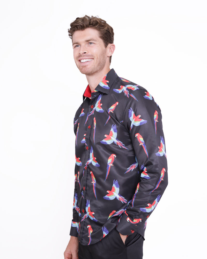 Black Shirt Flying Parrot Print-Makrom