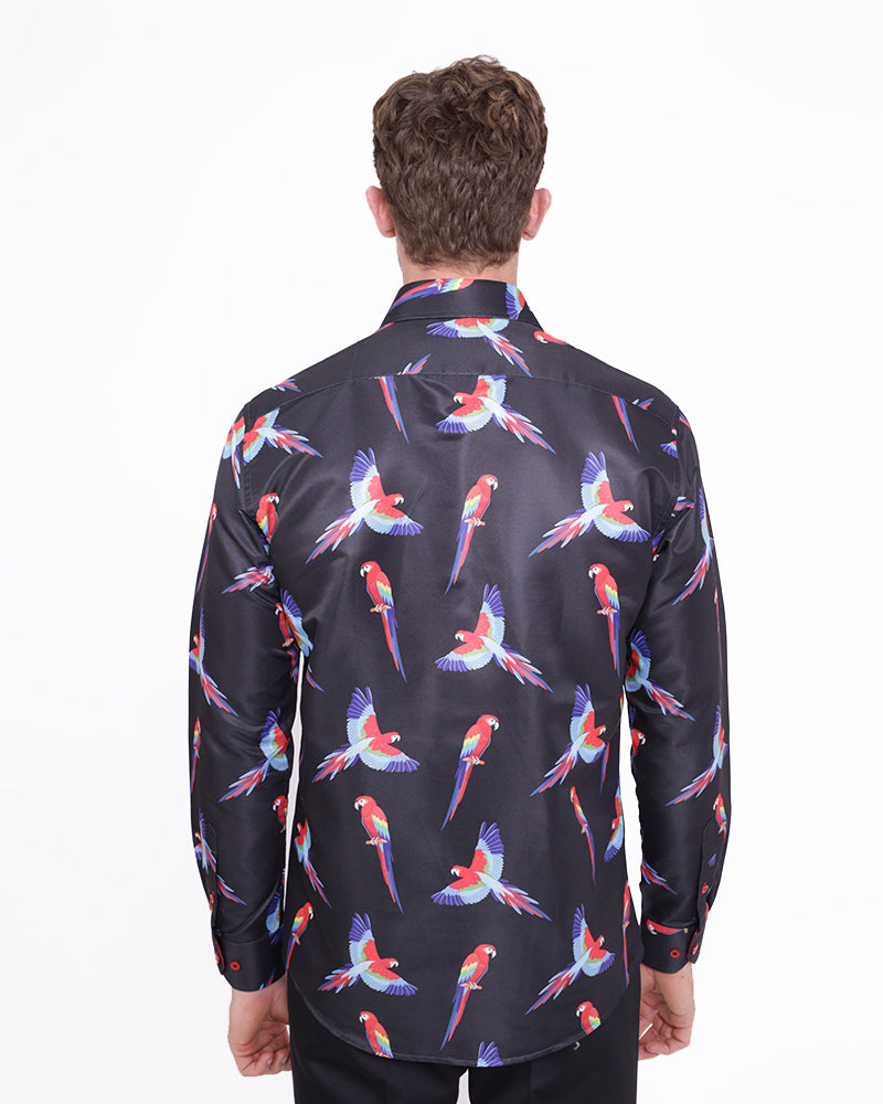 Black Shirt Flying Parrot Print-Makrom
