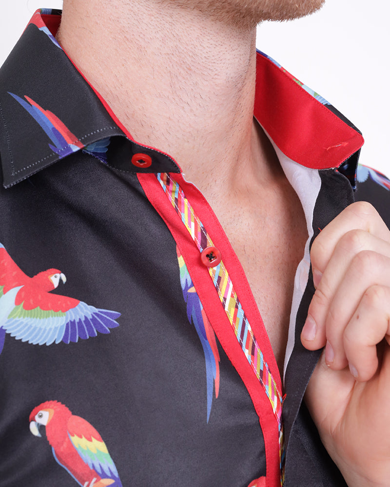 Black Shirt Flying Parrot Print-Makrom