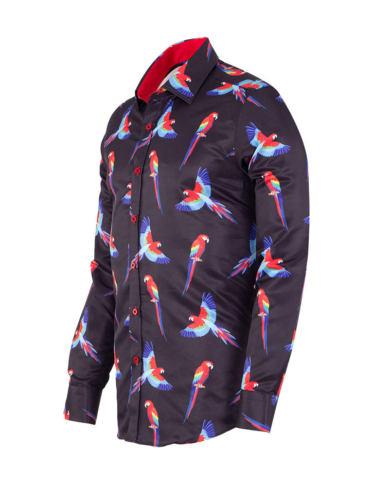 Black Shirt Flying Parrot Print-Makrom
