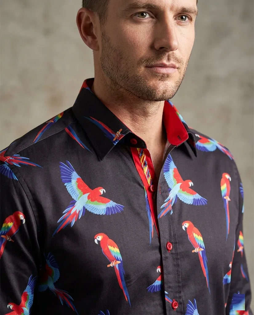 Black Shirt Flying Parrot Print
