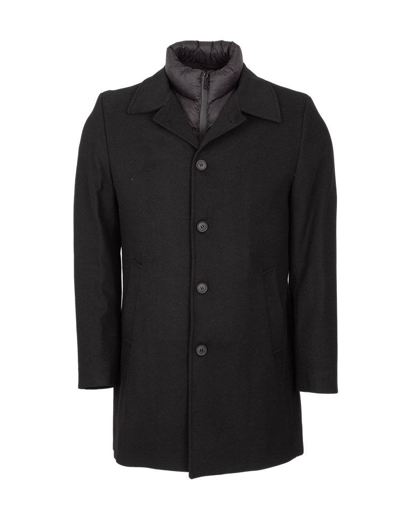 Black Single-Breasted Overcoat with Removable Quilted Inner Layer-Makrom