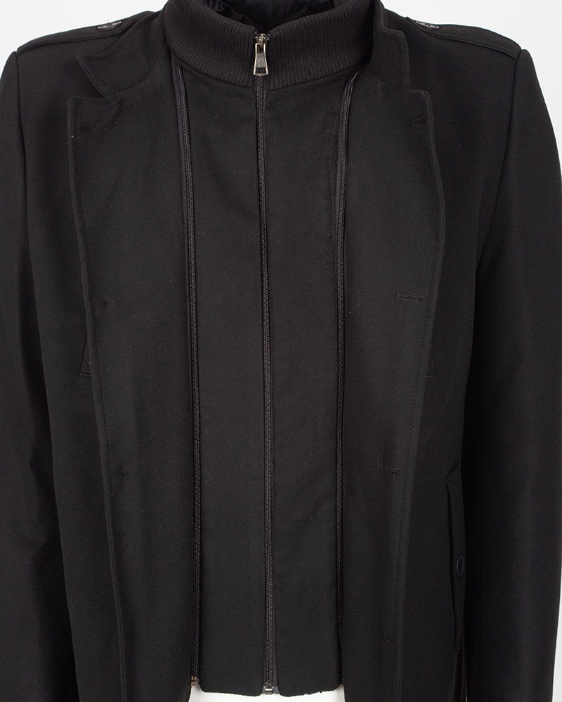 Black Single-Breasted Overcoat with Removable Quilted Inner Layer-Makrom