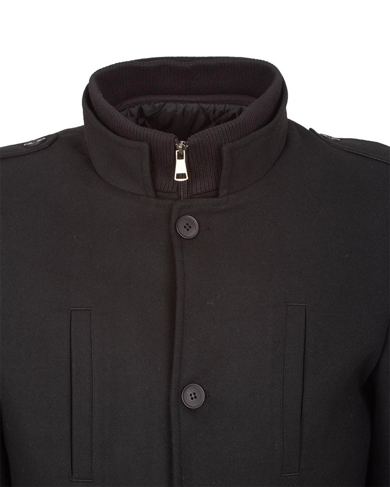 Black Single-Breasted Overcoat with Removable Quilted Inner Layer-Makrom
