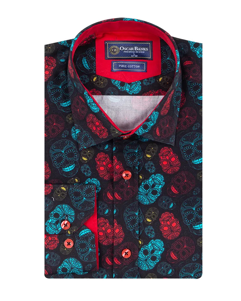 Black Skull Print Shirt with Matching Handkerchief-Makrom