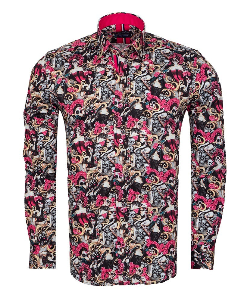 Black Skull Print Shirt with Matching Handkerchief-Makrom