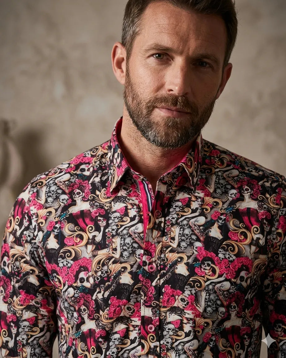 Black Skull Print Shirt with Matching Handkerchief