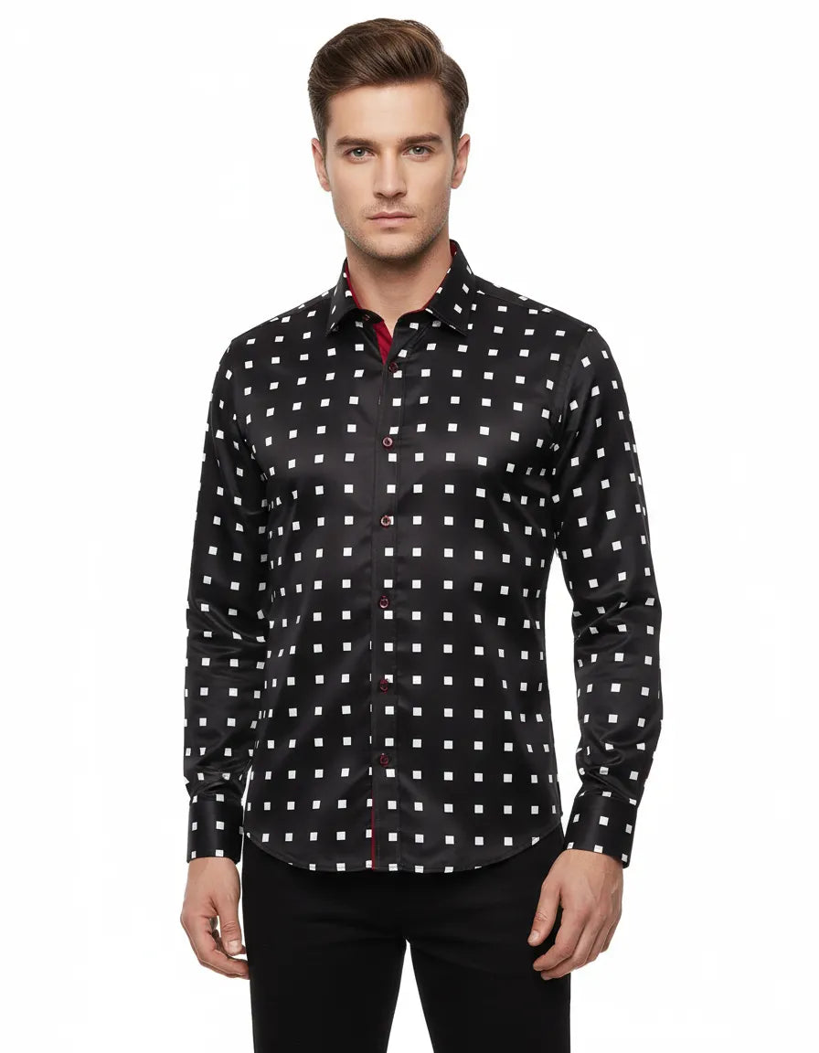Black Square Print Long Sleeve Shirt-Makrom
