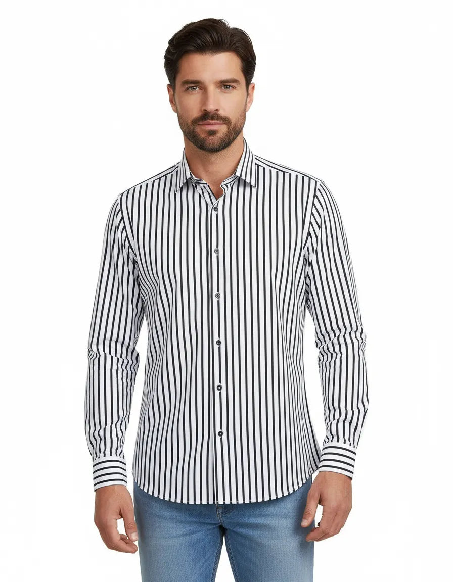 Black Stripe Print Long Sleeve Shirt-Makrom