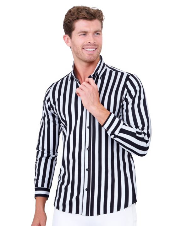 Black Stripe Print Shirt with Matching Handkerchief-Makrom
