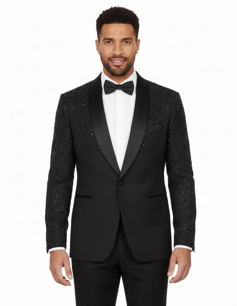 Black Tuxedo 3 Piece Suit Contrasting Lapel with Beaded Detailing-Makrom