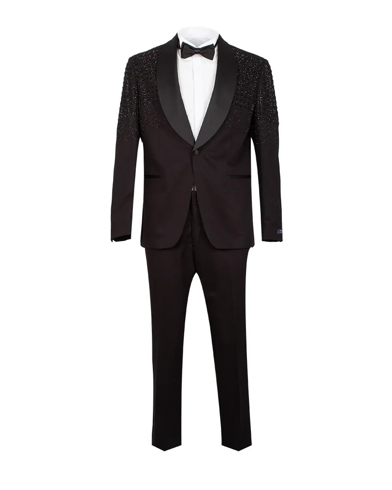 Black Tuxedo 3 Piece Suit Contrasting Lapel with Beaded Detailing-Makrom