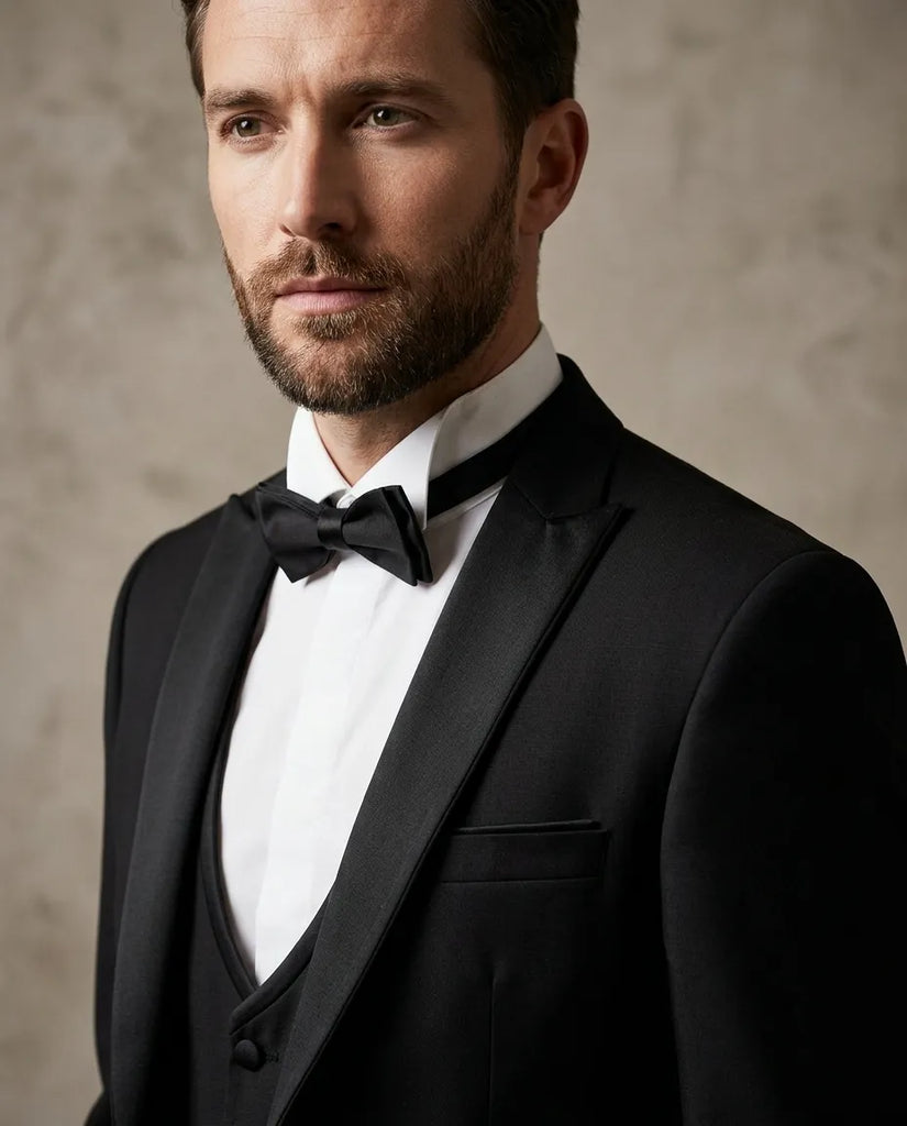 Man wearing a black tuxedo with a bow tie against a neutral background