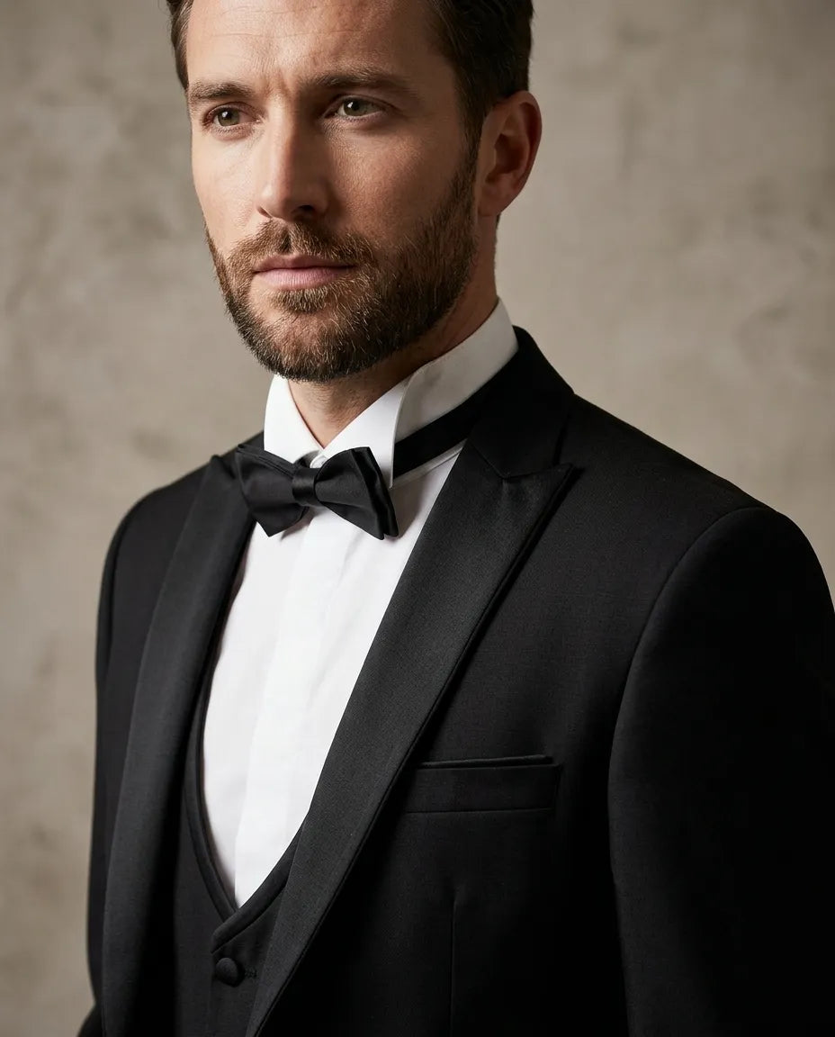 Man wearing a black tuxedo with a bow tie against a neutral background