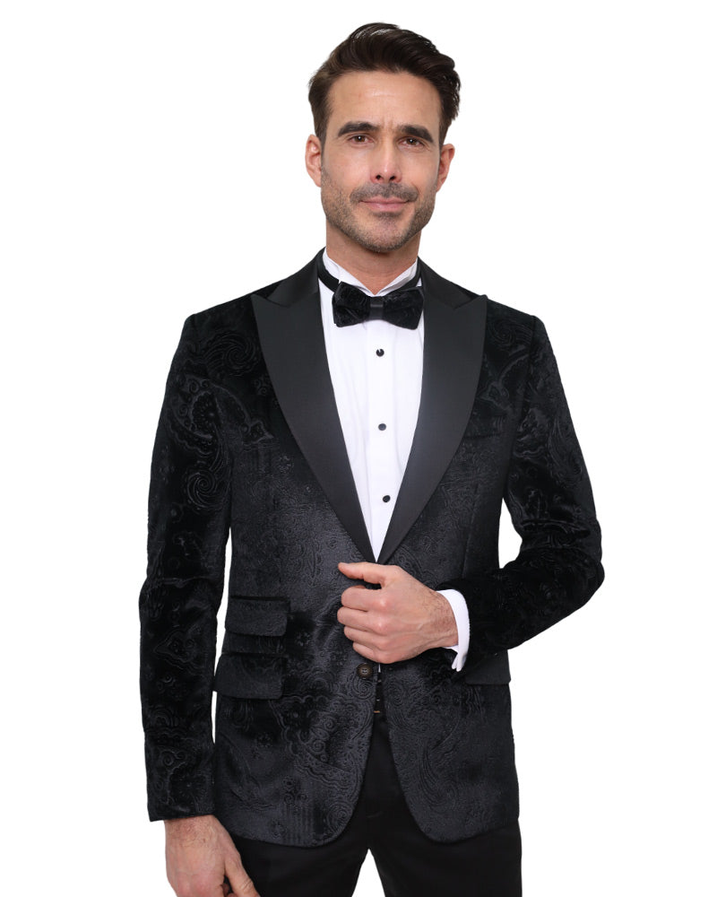 Black Velvet Paisley Feel Plain Blazer & Matching Bow Tie-Makrom