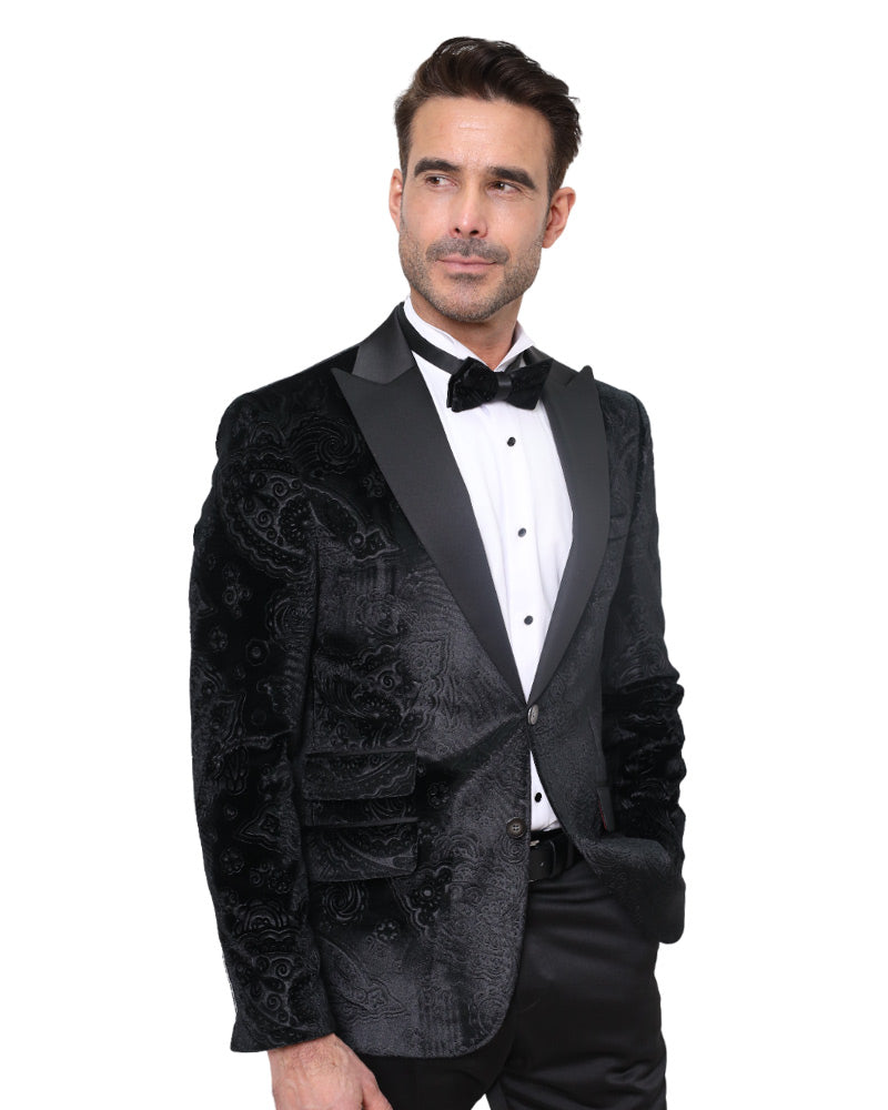 Black Velvet Paisley Feel Plain Blazer & Matching Bow Tie-Makrom