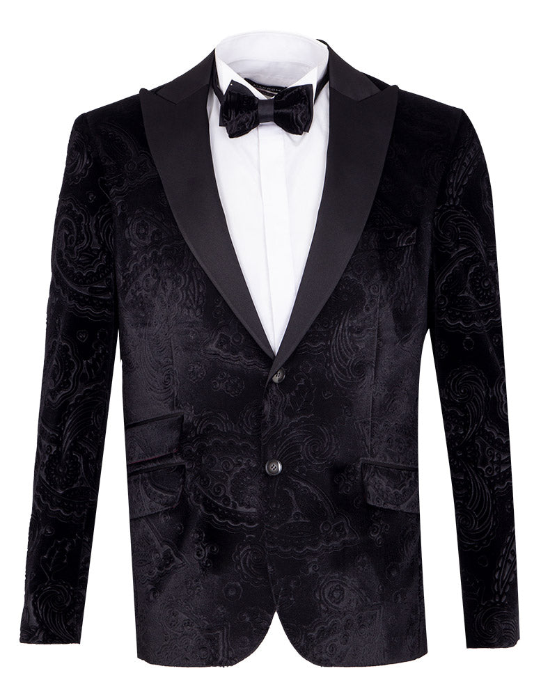 Black Velvet Paisley Feel Plain Blazer & Matching Bow Tie-Makrom