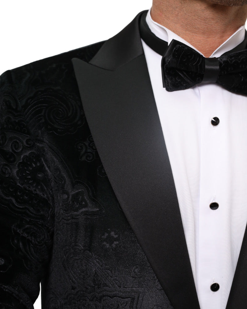 Black Velvet Paisley Feel Plain Blazer & Matching Bow Tie-Makrom