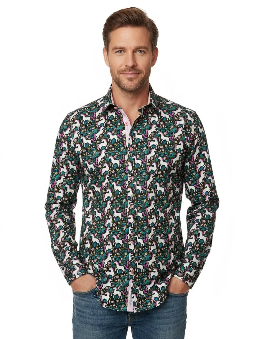 Black Vibrant Unicorn and Floral Print Print with Matching Handkerchief-Makrom