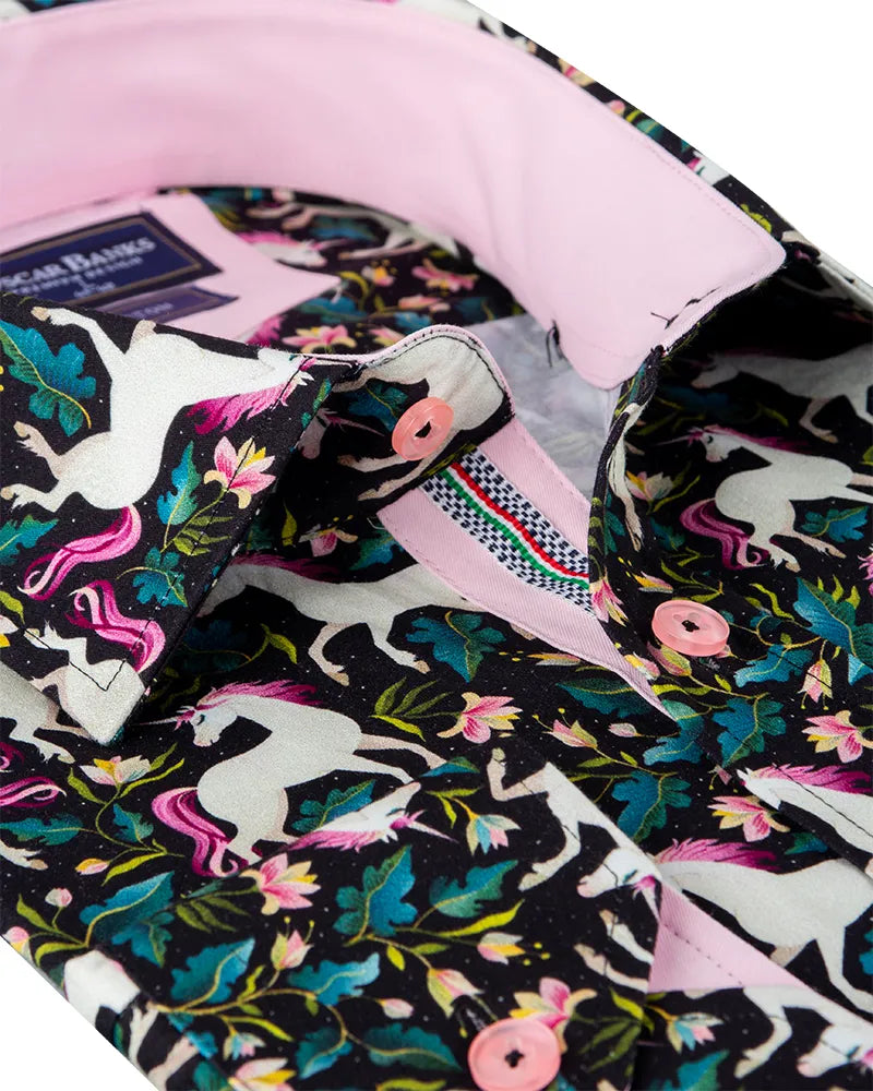 Black Vibrant Unicorn and Floral Print Print with Matching Handkerchief-Makrom