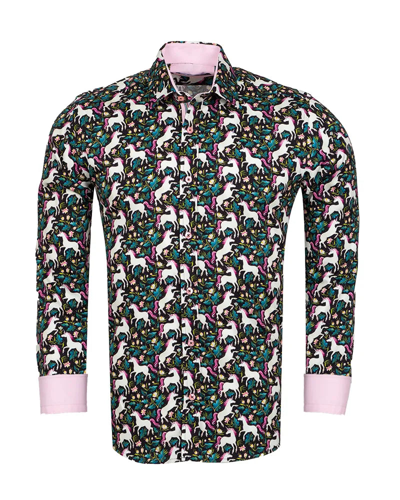 Black Vibrant Unicorn and Floral Print Print with Matching Handkerchief-Makrom