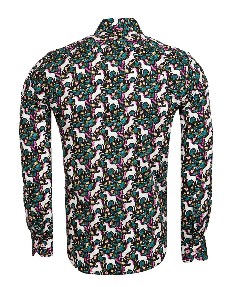 Black Vibrant Unicorn and Floral Print Print with Matching Handkerchief-Makrom