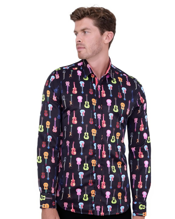 Black Vintage Guitar Print Men's Shirt-Makrom