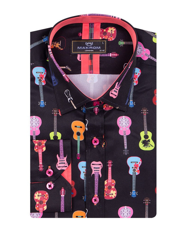 Black Vintage Guitar Print Men's Shirt-Makrom