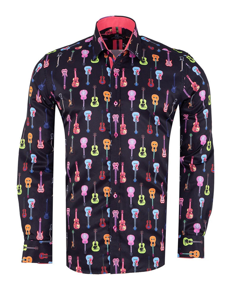 Black Vintage Guitar Print Men's Shirt-Makrom