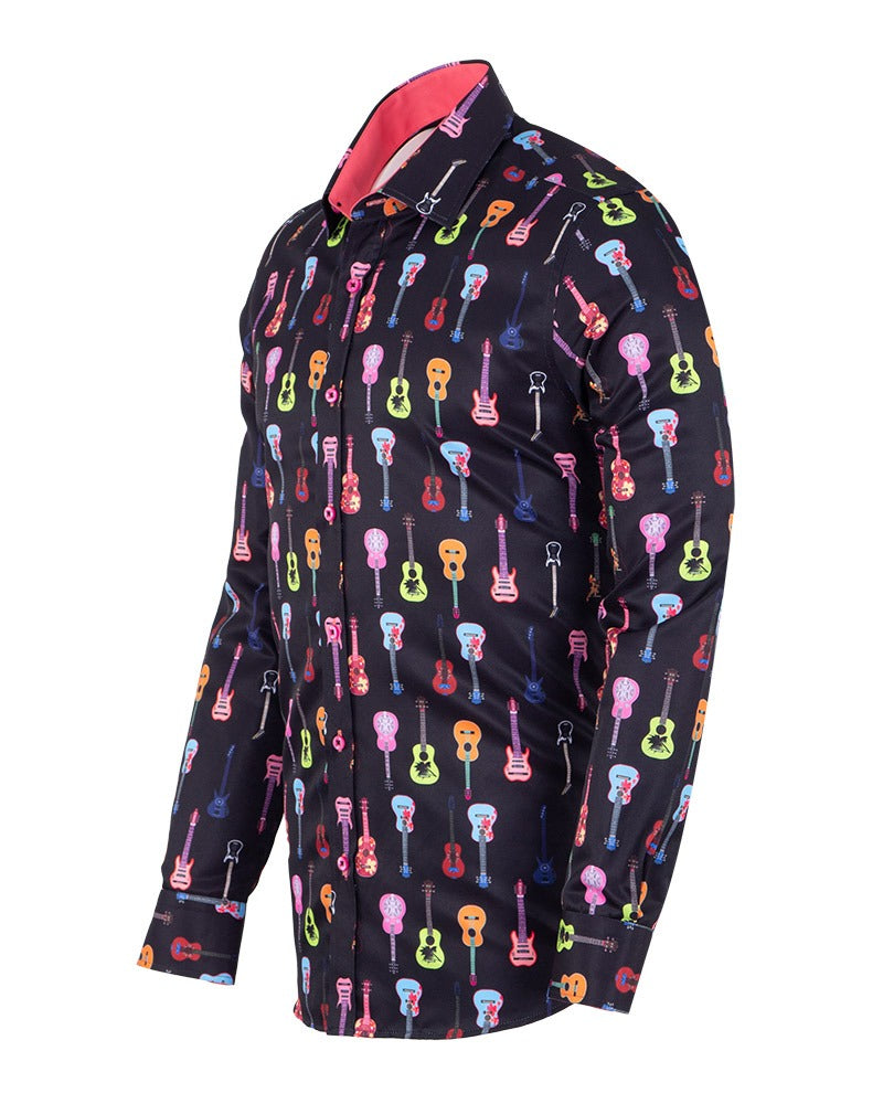 Black Vintage Guitar Print Men's Shirt-Makrom