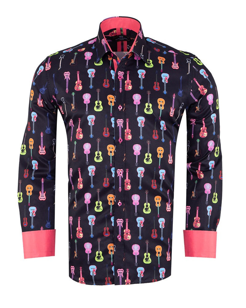 Black Vintage Guitar Print Men's Shirt-Makrom